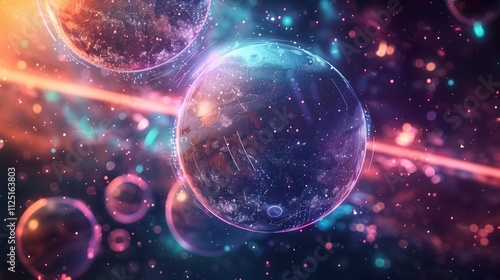 Planets with glowing, holographic surfaces, floating in a digital-like space with neon highlights.