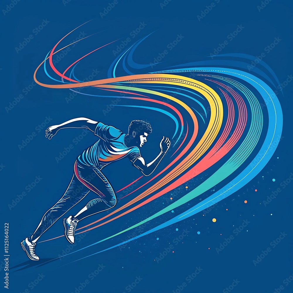 Dynamic illustration of a runner in motion, with vibrant, colorful trails swirling behind on a bold blue background, symbolizing speed and energy. Dynamic illustration of a runner in motion, with vibrant, colorful trails swirling behind on a bold blue background, symbolizing speed and energy.