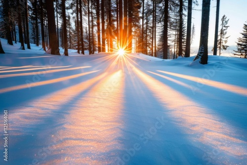 Golden rays of sunlight break through tall trees in a snowy forest illuminating the peaceful landscape as day transitions to night in Bettmeralp Valais during winter.