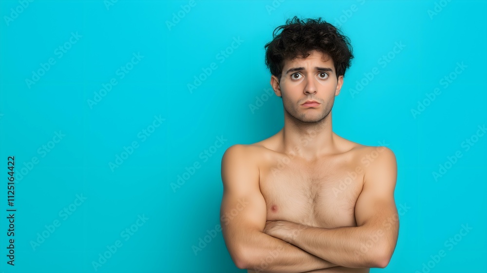A young man stands with a serious expression against a vibrant blue background. His arms are crossed, showcasing a confident yet contemplative demeanor. A young man stands with a serious expression against a vibrant blue background. His arms are crossed, showcasing a confident yet contemplative demeanor.