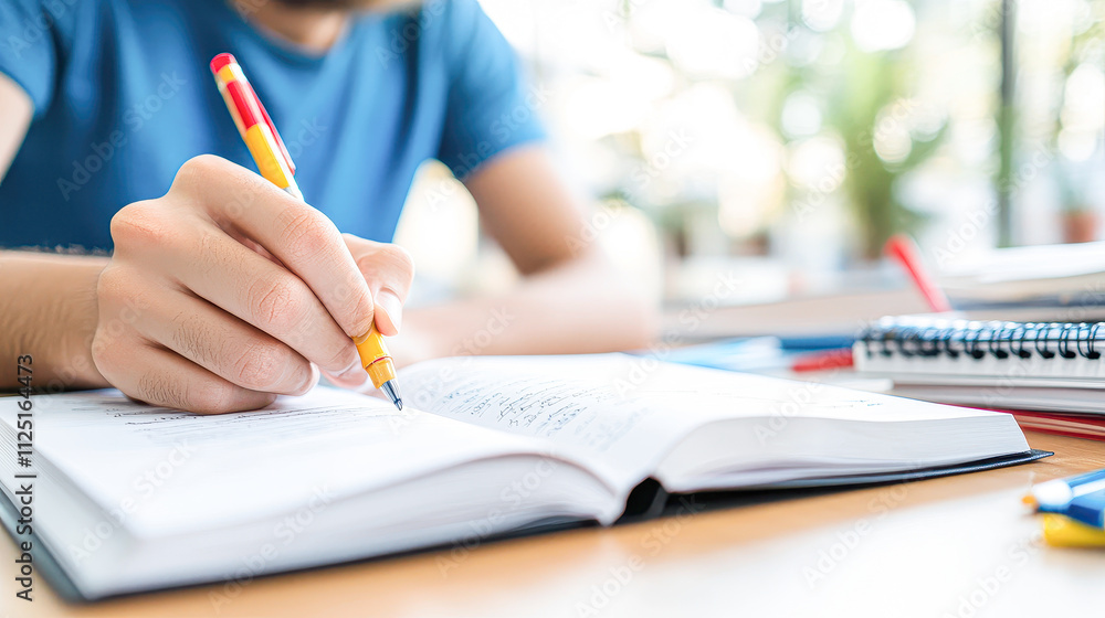 A man is writing in a book with a pen A man is writing in a book with a pen