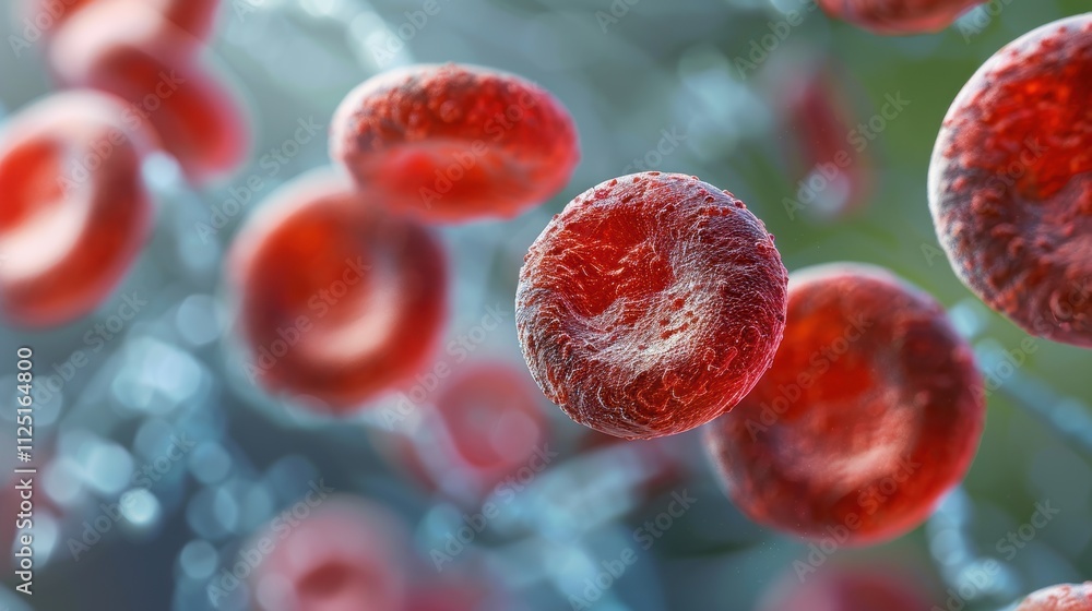Close-up and highly detailed visualization of red blood cells in a human bloodstream showing their characteristic biconcave shape in a vibrant biological environment Close-up and highly detailed visualization of red blood cells in a human bloodstream showing their characteristic biconcave shape in a vibrant biological environment