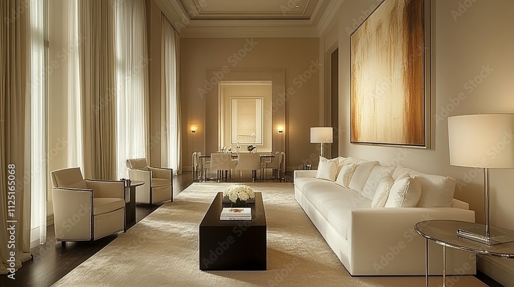 Fototapeta premium Elegant, Modern Living Room with Plush White Sofa, Beige Walls, Minimalist Decor, and Large Windows