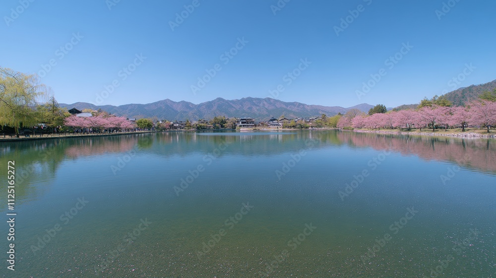 Mount Fuji reflected in a serene lake, with soft pink cherry blossoms lining the water edge under a clear blue sky. Mount Fuji reflected in a serene lake, with soft pink cherry blossoms lining the water edge under a clear blue sky.