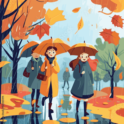 People with umbrellas walking on rainy day. Men and women outside under rain. Weather changes, autumn season concept. weather fall season. Vector illustration. Flat cartoon vector illustration.	