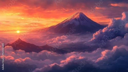 Mount Fuji surrounded by a sea of clouds, with a vibrant sunrise painting the sky in rich oranges and pinks.