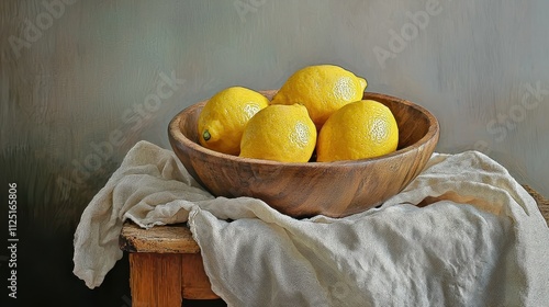 Fresh Lemons in Wooden Bowl on Rustic Table with Soft Linen Cloth