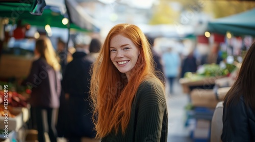 Woman with red hair is smiling in front of a vegetable stand