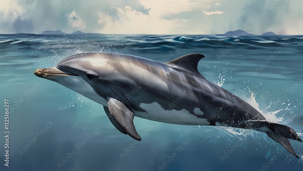 Fototapeta premium Dolphin jumping out of water, watercolor beautiful illustration isolated on a blue background. Sea animal. 