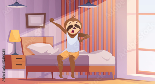 Anthropomorphic animals. Sloth wakes up on his bed in the interior of the room