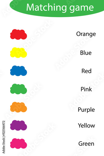 Find the correct names of colors, matching game for children in cartoon style, education reading game for kids, preschool worksheet activity, task for the development, vector illustration