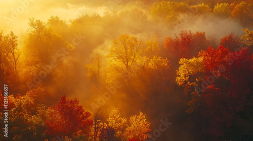 Golden sunrise over a misty autumn forest, casting warm light on red, yellow, and orange leaves