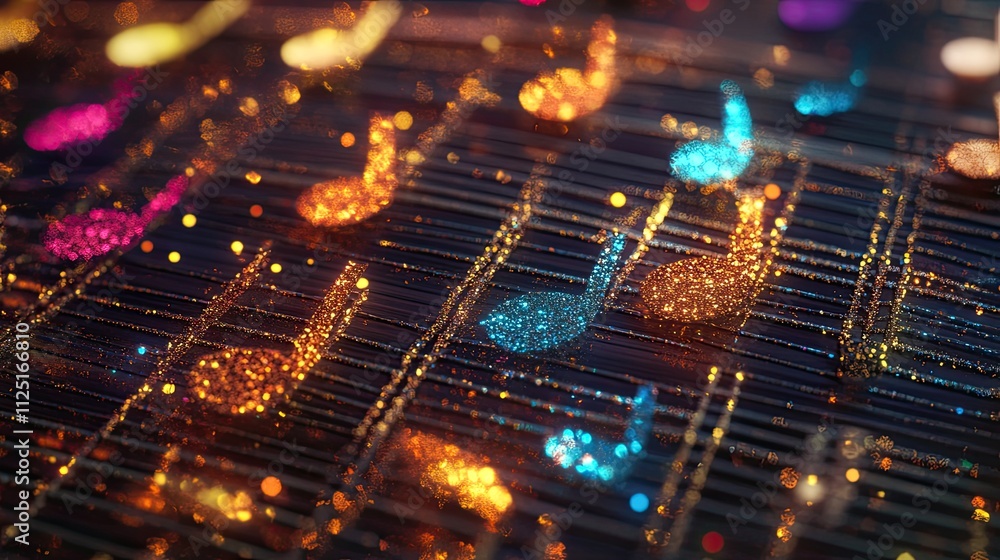 Naklejka premium A lively music sheet featuring colorful 3D glitter notes on the staff, blending sparkle with classic artistry for vibrant music-themed visuals.