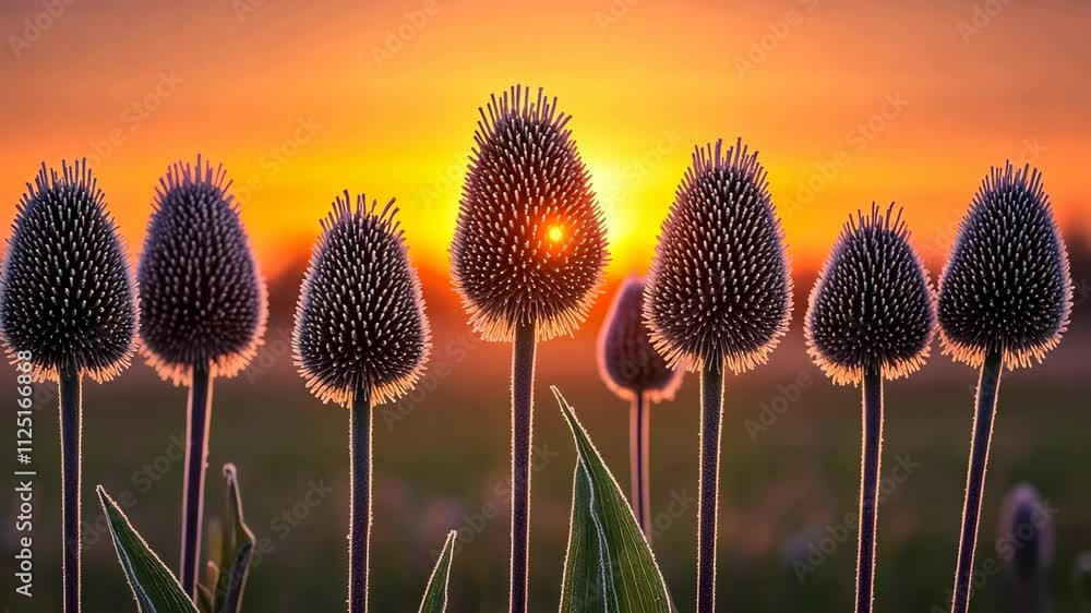 Beautiful silhouettes of spiky flowers against a vibrant sunset in a tranquil landscape