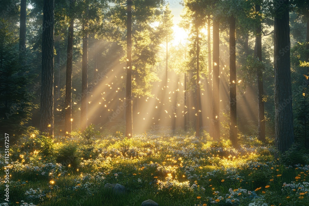 Fototapeta premium A serene forest scene with sunlight filtering through trees, illuminating flowers and foliage.