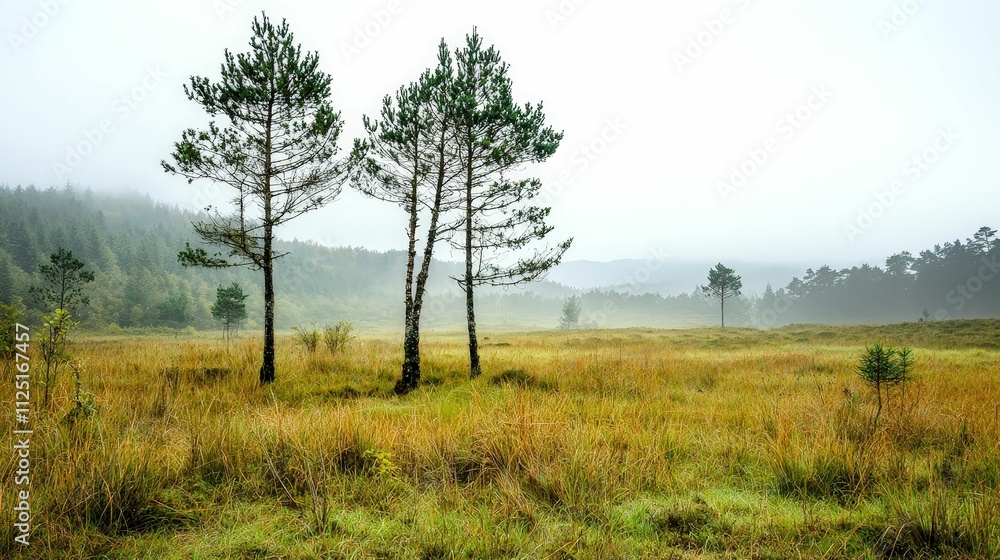Fototapeta premium forestry industry concept. Misty landscape with three trees amidst tall grass and gentle hills in the background.