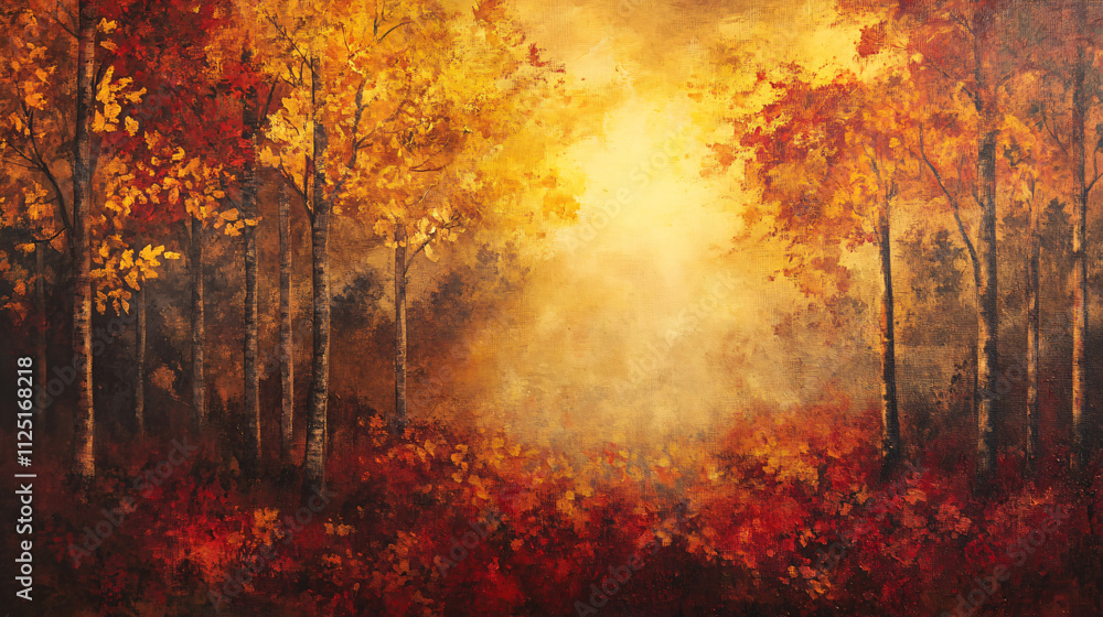 Golden sunrise over an autumn forest, with sunbeams streaming through red and yellow leaves Golden sunrise over an autumn forest, with sunbeams streaming through red and yellow leaves