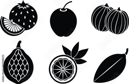 6-vector silhouette fruits icon set features a collection of fruit icons in a clean and minimalist style. Perfect for food-related projects, product labels, packaging, menus, and digital designs.  photo