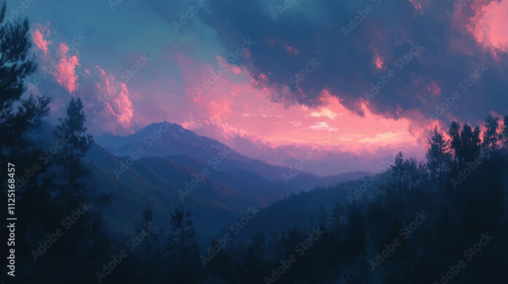 Naklejka premium Realistic Mount Fuji at twilight, glowing in warm pastel tones with a serene forest at its base.