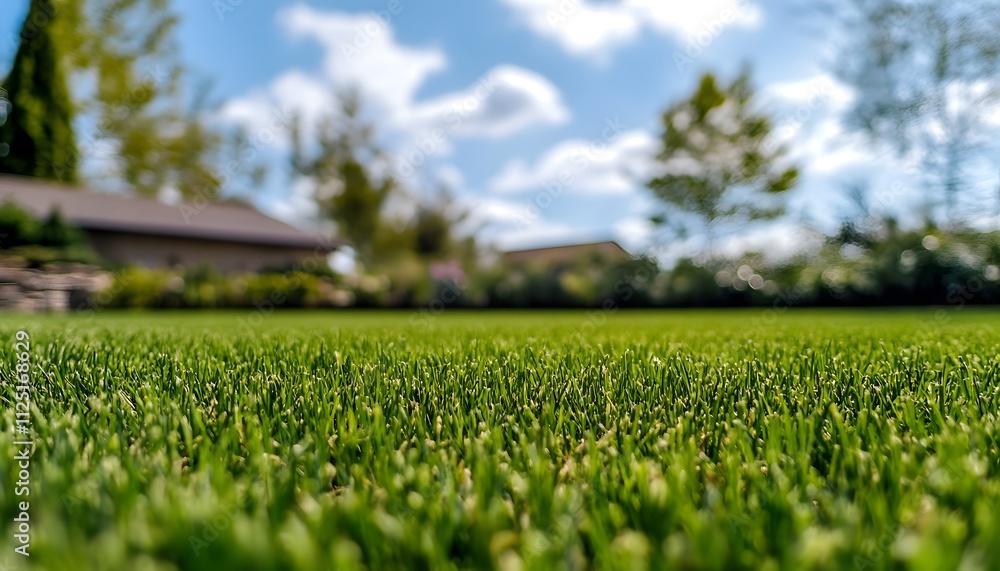 Lush Green Lawn with Deep Blue Sky, Beautiful Cloud Cover and Trees in the Background, Perfect for Depicting Outdoor Spaces and Serenity in Nature Lush Green Lawn with Deep Blue Sky, Beautiful Cloud Cover and Trees in the Background, Perfect for Depicting Outdoor Spaces and Serenity in Nature