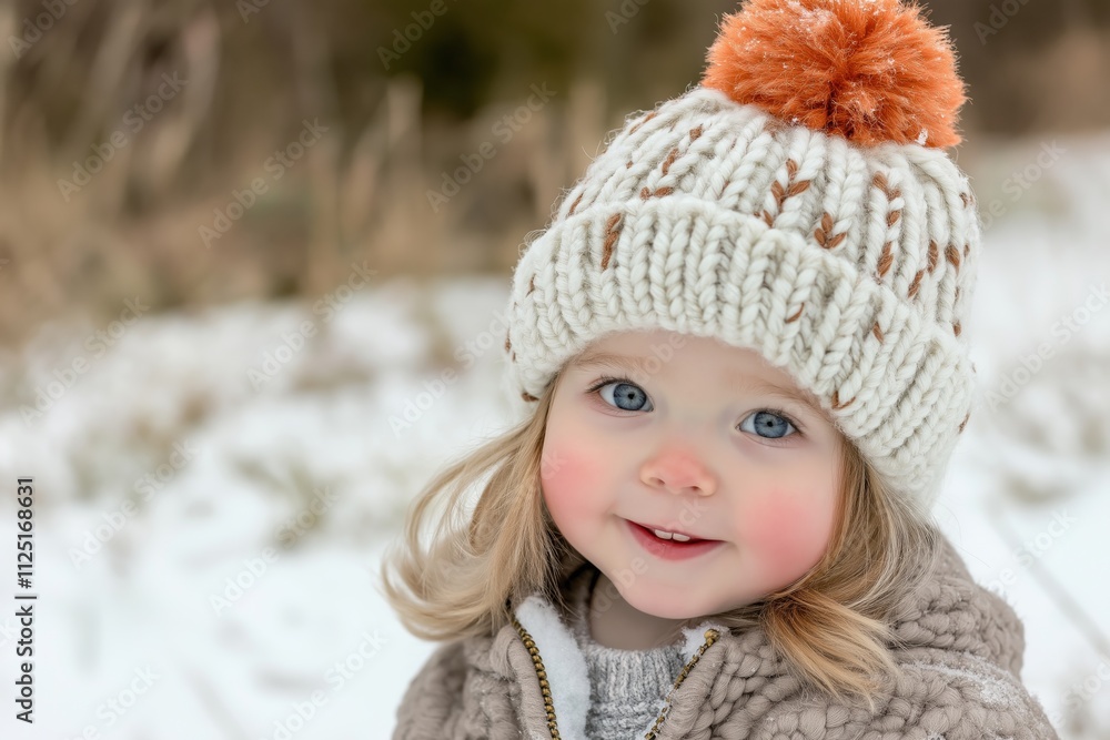 A child playing in the snow while wearing a cozy handmade knitted beanie with a pompom. A child playing in the snow while wearing a cozy handmade knitted beanie with a pompom.