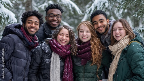 Friends in Winter Forest Smiling Together