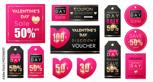 Valentine's  day discount voucher and labels set with gold shine effects, February 14, sale, promo, marketing, shopping, store, vector