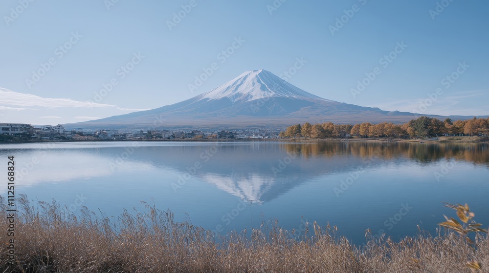 Realistic Mount Fuji in autumn, surrounded by golden foliage and a clear, reflective lake in the foreground. Realistic Mount Fuji in autumn, surrounded by golden foliage and a clear, reflective lake in the foreground.