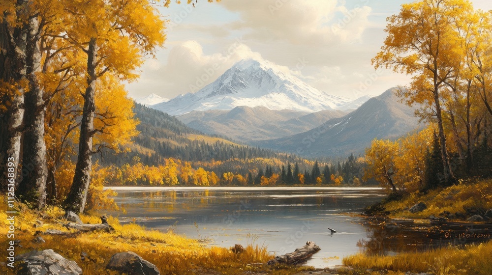 Fototapeta premium Realistic Mount Fuji in autumn, surrounded by golden foliage and a clear, reflective lake in the foreground.