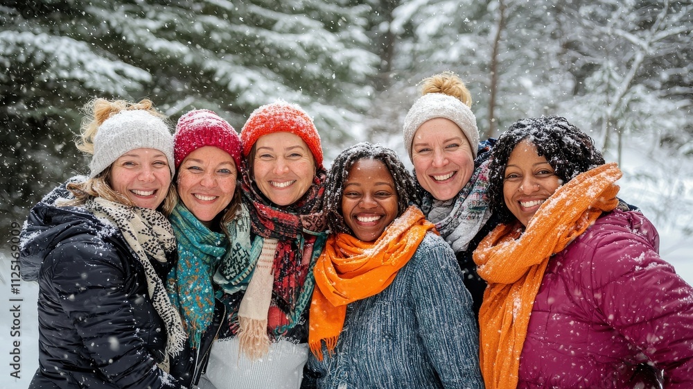 Friends in Winter Forest Smiling Together Friends in Winter Forest Smiling Together