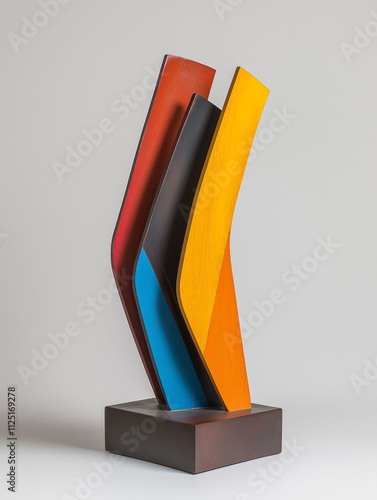 Abstract sculpture with vibrant colors. Modern art piece, three dimensional form, dynamic composition.