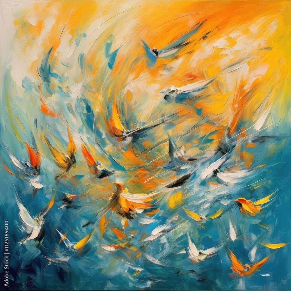 custom made wallpaper toronto digitalAbstract swirling birds in vibrant orange and blue.