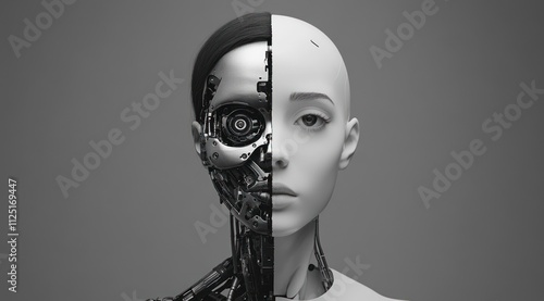 Human and robotic face unite with mechanical elegance photo