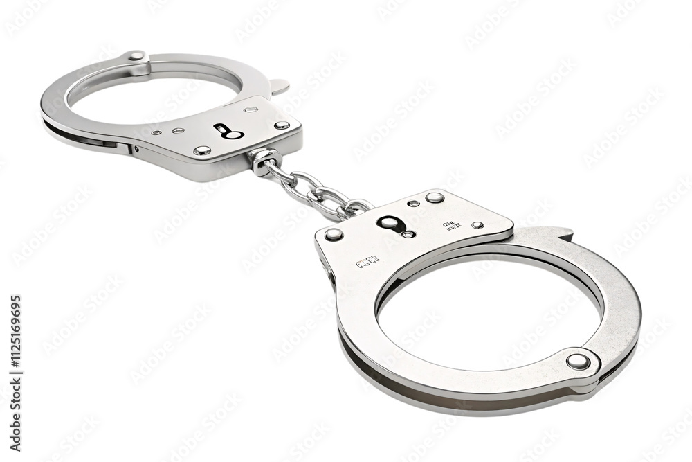 A close-up of shiny silver handcuffs, linked by a short chain, reflecting sharp light, representing authority, justice, or restraint, set against a transparent background A close-up of shiny silver handcuffs, linked by a short chain, reflecting sharp light, representing authority, justice, or restraint, set against a transparent background