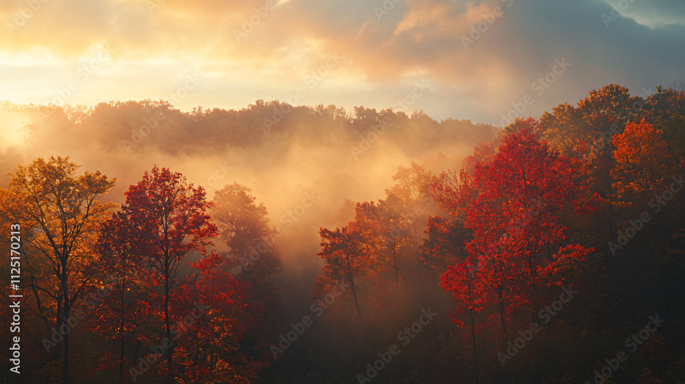 Fototapeta premium Golden sunrise over autumn trees in misty forest with vibrant red and orange leaves