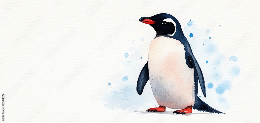 Obraz premium A charming watercolor of a gentoo penguin on a soft icy background.