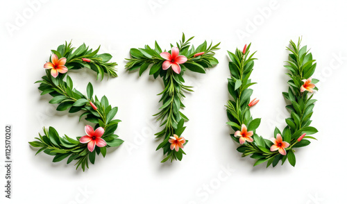 S T U letters from tropical plants on a white background photo