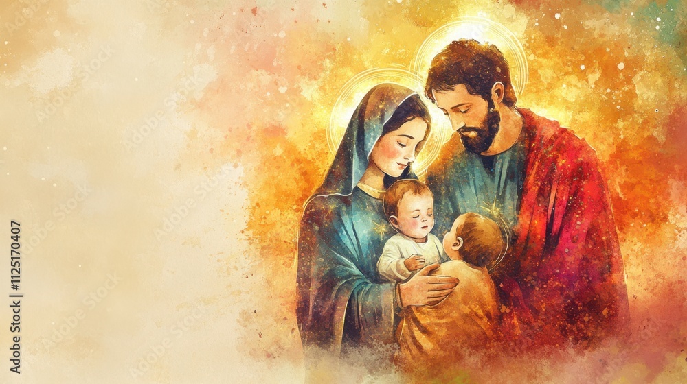 Fototapeta premium Realistic watercolor of the Holy Family, glowing halos emphasizing their divinity, with a warm, sacred background.