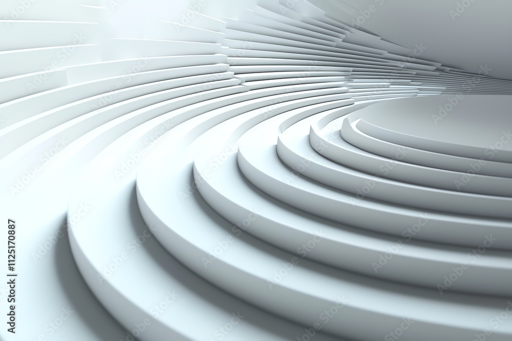 A modern architectural interior with smooth curves and layered designs in white tones.