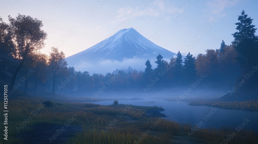 Fototapeta premium Snow-capped Mount Fuji glowing in the first light of dawn, with intricate, realistic textures and a peaceful atmosphere.