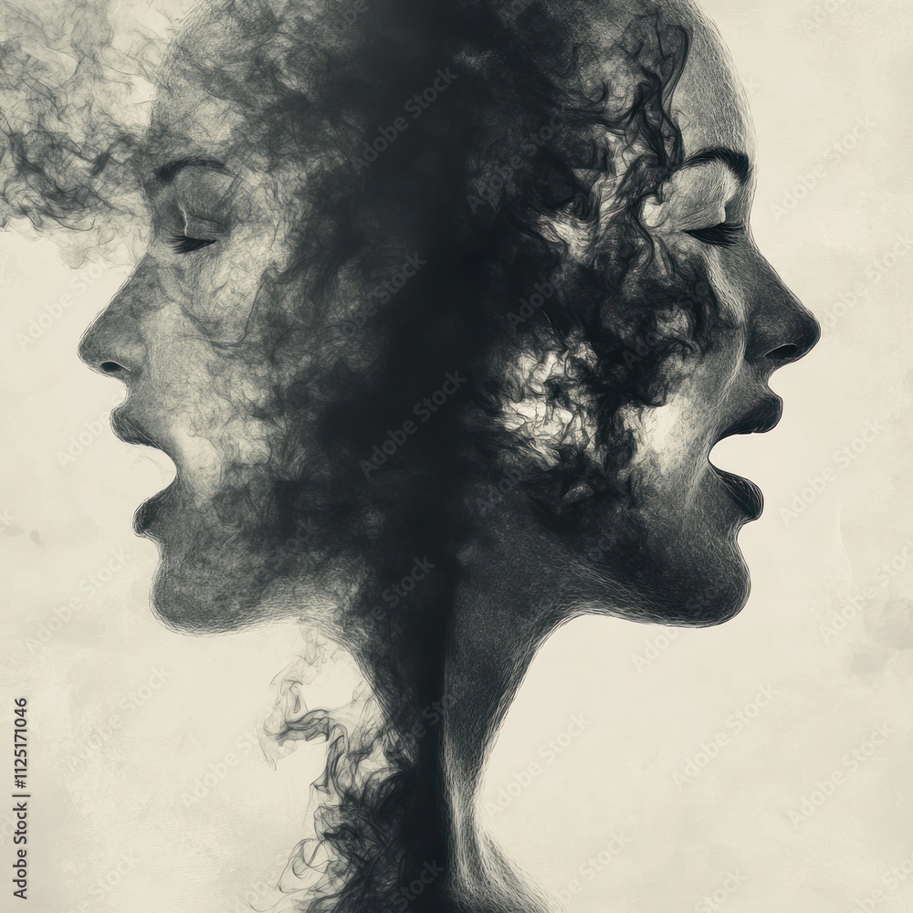 Dual profiles merging into vaporized dreamlike essence Dual profiles merging into vaporized dreamlike essence