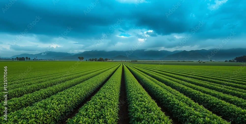 Serene Green Fields under a Dramatic Sky: A wide-angle shot of lush green fields stretching towards distant mountains under a dramatic sky with thick, dark clouds. Serene Green Fields under a Dramatic Sky: A wide-angle shot of lush green fields stretching towards distant mountains under a dramatic sky with thick, dark clouds.