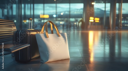 Luggage and tote bag rest on a bench in an airport terminal.