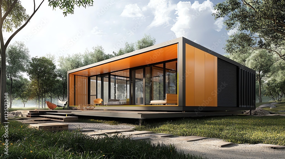A modern home with large glass windows, surrounded by nature and green landscapes. A modern home with large glass windows, surrounded by nature and green landscapes.