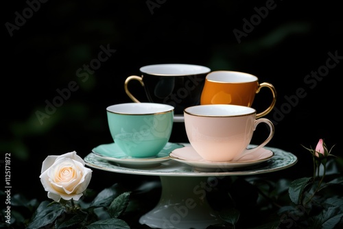 vintage tea garden, vintage tea cups filled with vibrant teas on a porcelain cake stand in a lush garden with delicate roses, perfect for text placement