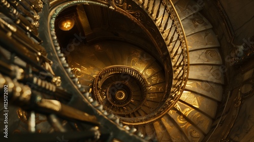 a spiral staircase with gold railings