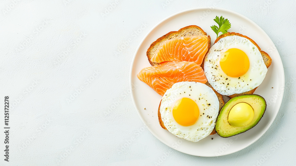Delicious breakfast plate with eggs, avocado, smoked salmon, and toasted bread. Delicious breakfast plate with eggs, avocado, smoked salmon, and toasted bread.