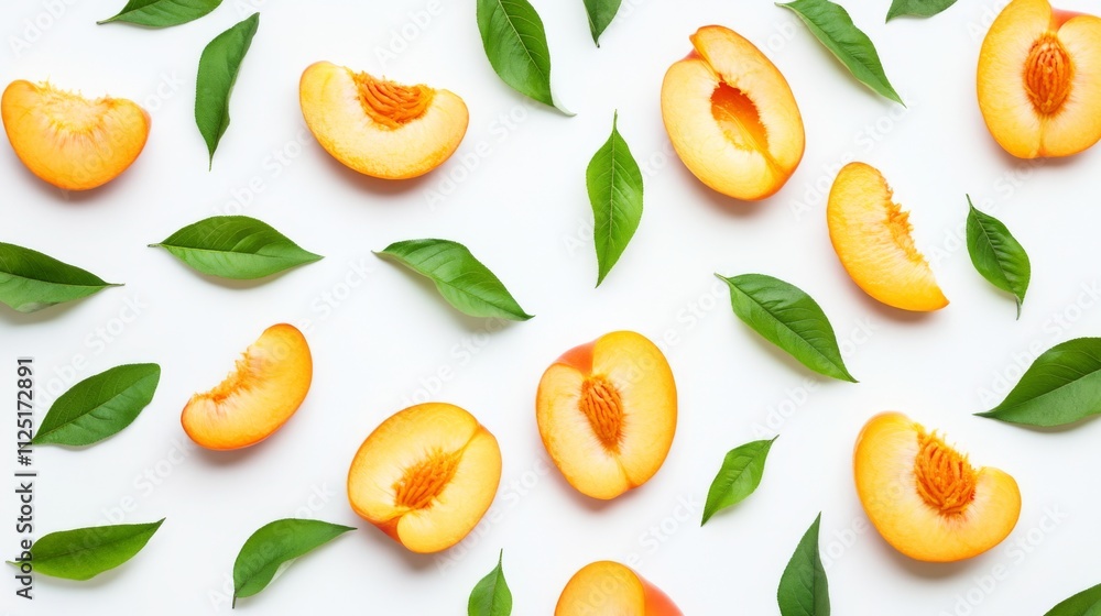 Vibrant Peach Slices and Fresh Leaves: A Summer Delight Vibrant Peach Slices and Fresh Leaves: A Summer Delight