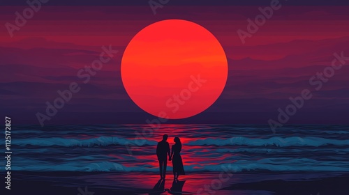 A romantic sunset silhouette of a couple on a serene beach. photo