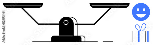 Balanced scale with two empty pans, a blue happy face, and a gift box. Ideal for themes of fairness, happiness, reward systems, balance, satisfaction motivation customer experience. Line metaphor